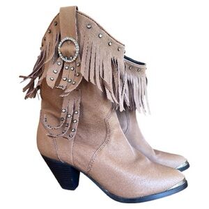 Santa Fe Boot Co Tan Leather Fringe Boho Bling Gold SnipToe Cowgirl Boots Size 8